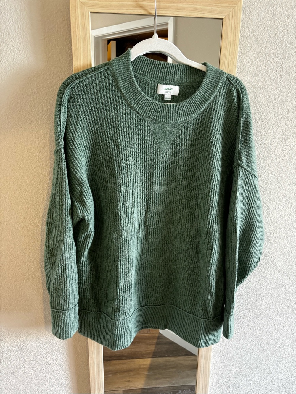 Aerie Over-Sized Green Ribbed Crewneck Sweater